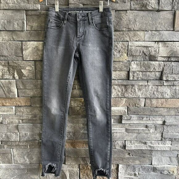 Articles of Society Womens Black Skinny Jeans Raw Distressed Hem Waist 24‎ - Picture 1 of 6